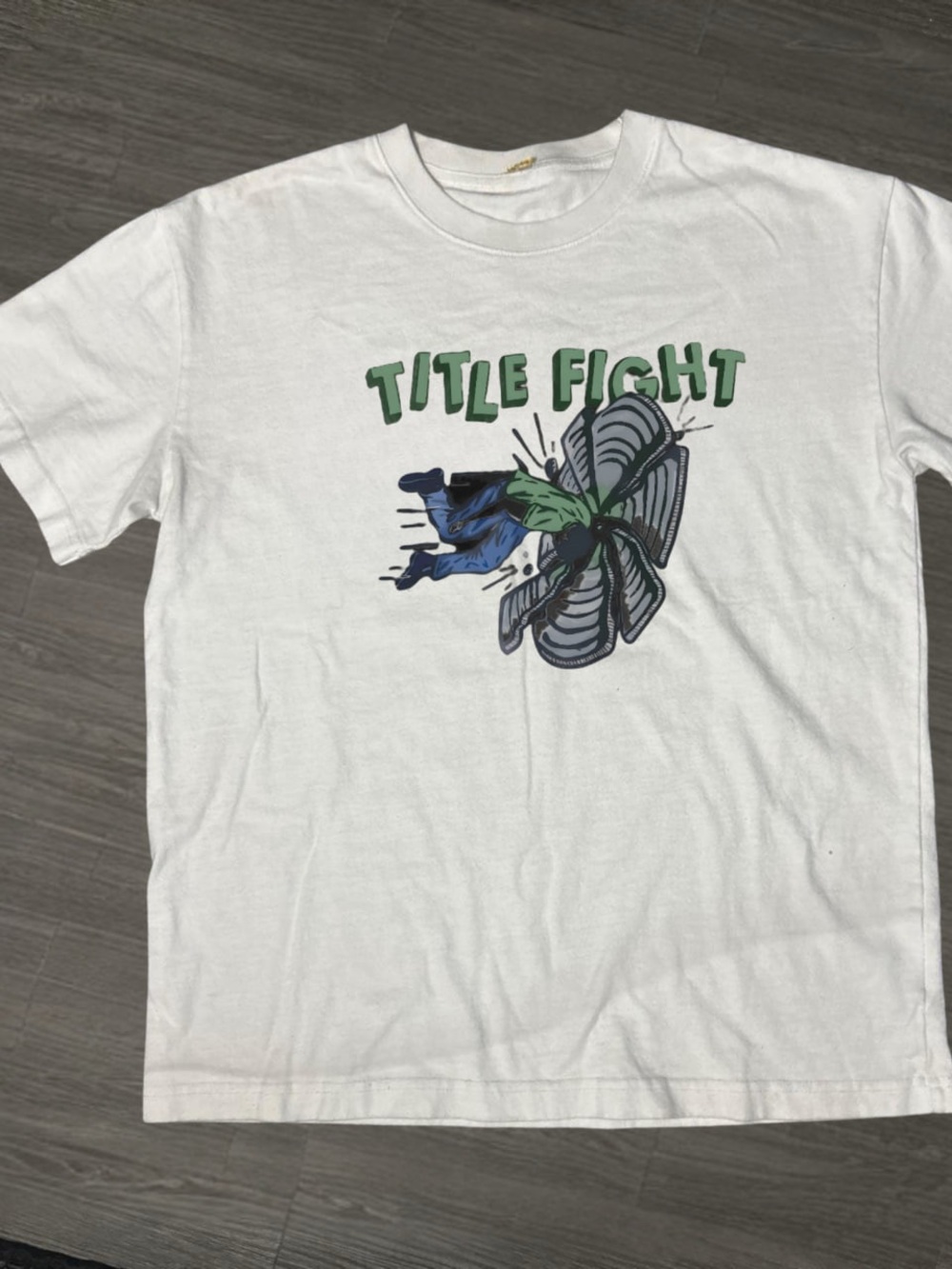 Gildan White Title Fight Graphic Tee with Green and Blue Accents